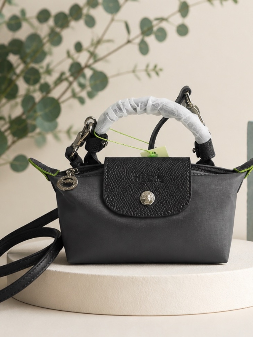 NWOT Longchamp Le Pliage Mini Top-Handle Crossbody Black LeatherTrim/Grey Nylon